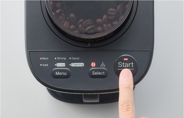 ADG-A060の上面操作部。Rich・Strong・Decaf・Icedの表示と、別のGrind・Cleaning表示を確認できます。