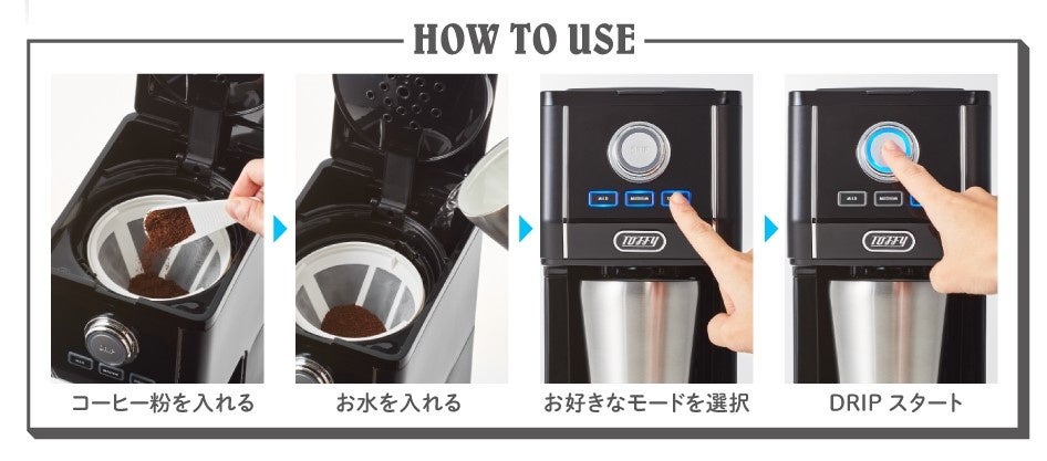 コーヒー粉と水を入れ、モード選択、抽出開始へ進む共通操作の説明画像。新色の実使用を本サイトが撮影したものではありません。